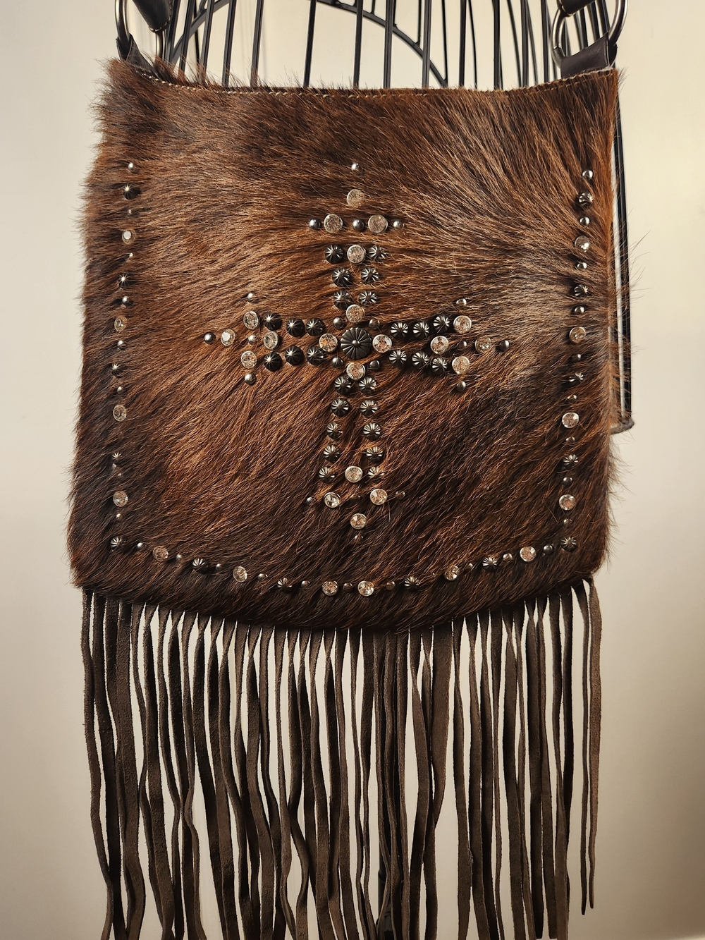 Shyanne Brown Hair On Studded Cross Body Bag